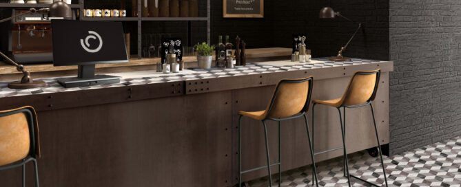 Corner,Of,Modern,Restaurant,With,Beige,Walls,,Marble,Floor,,Round